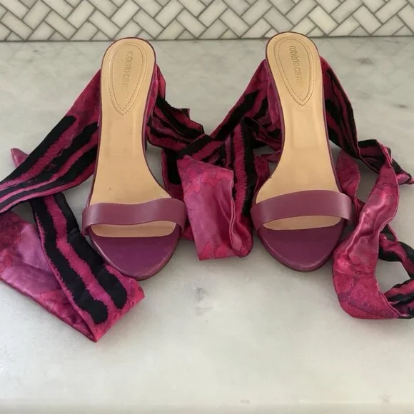 ROBERTO CAVALLI PInk Black Slide Stiletto Heels Silk Ankle Wrap Tie - Picture 2 of 8